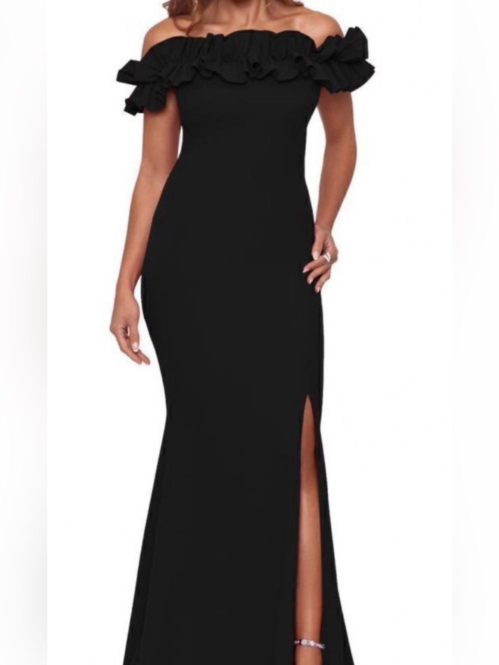 XSCAPE Off-Shoulder Black Ruffle Evening Dress.